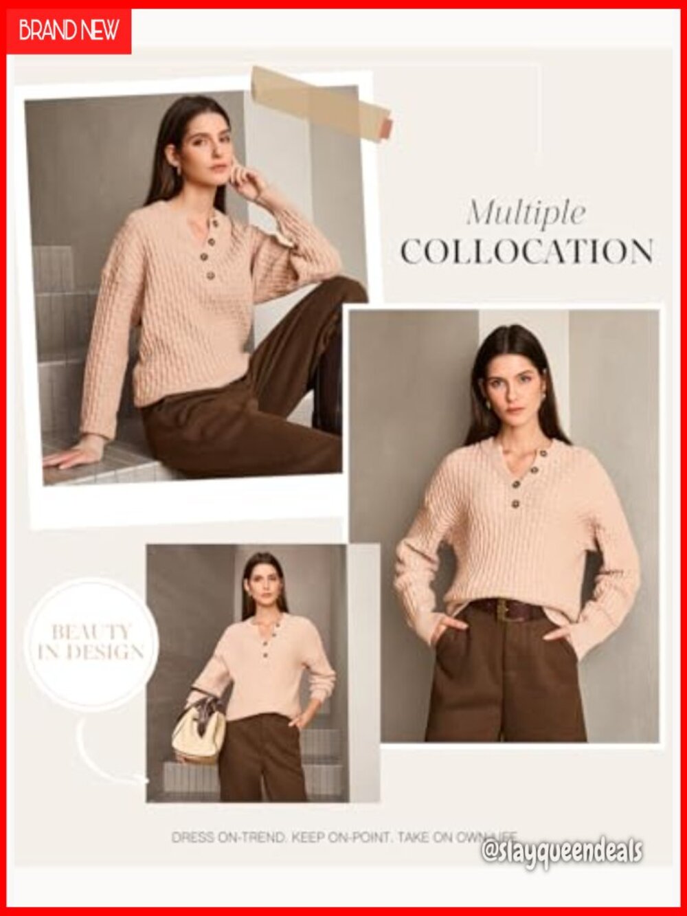Long Sleeve V-Neck Button Sweater Loose Fit Textured Knit Fall Pullover Top - Picture 4 of 7